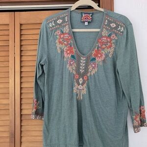 Johnny Was Teal Tunic with Floral Embroidery